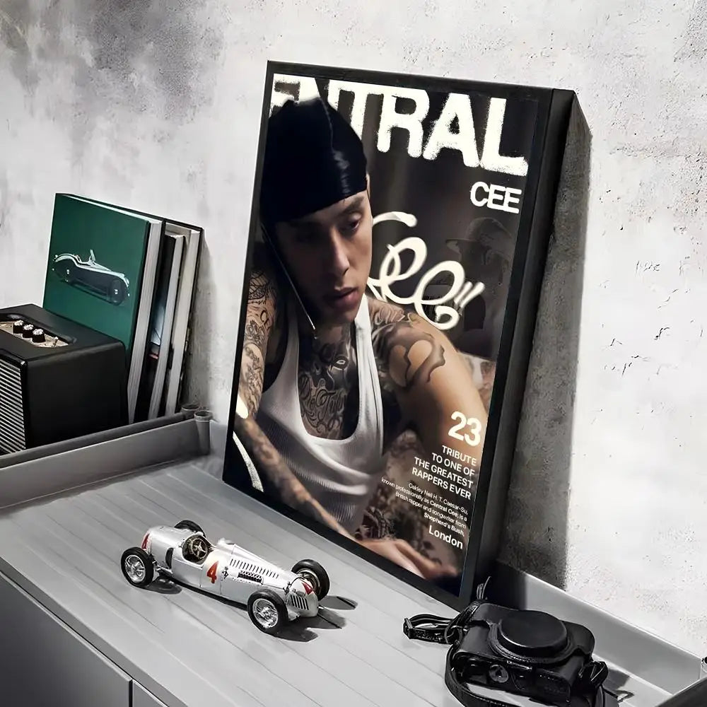 Black-framed hd linen canvas poster of tattooed pop rapper central cee with lighting effects ideal for home or office use
