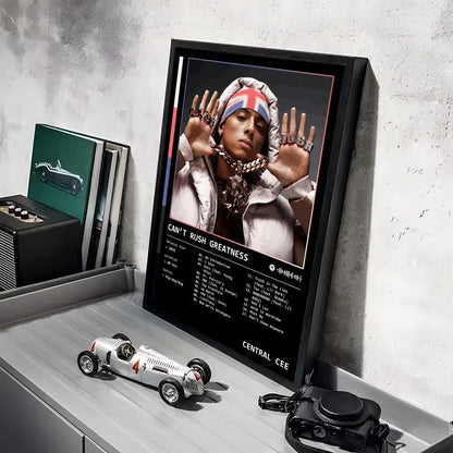 Black-framed pop rapper cc_central c_cee album poster with union jack headscarf and lighting effects on hd linen canvas