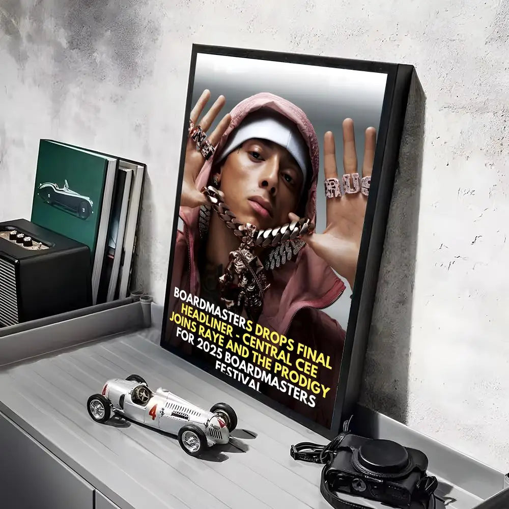 Black framed hd linen canvas poster featuring pop rapper c_central in pink hoodie with bold yellow festival text for home decor lighting effects