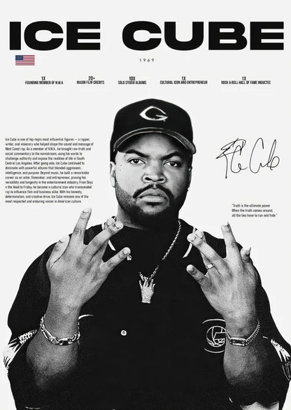 Black baseball cap with white embroidered logo featured in pop rapper legends poster and prints collection wall art