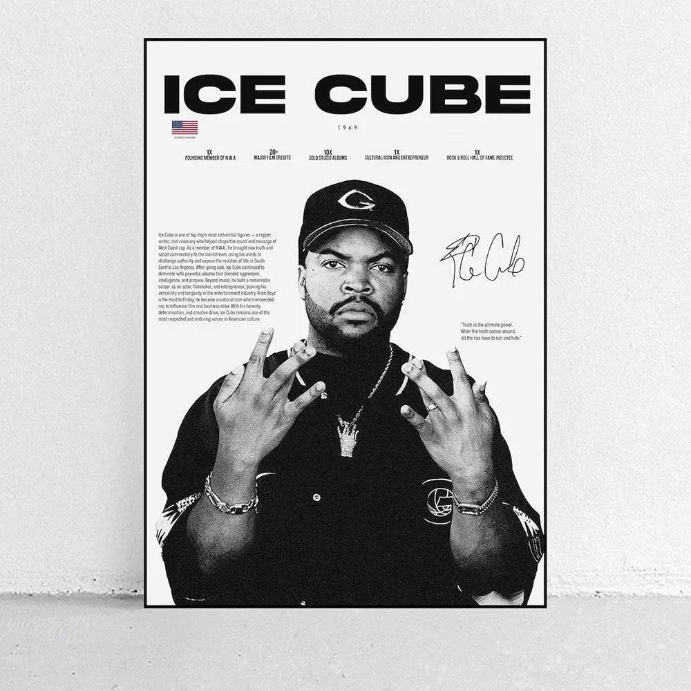 Black and white framed pop rapper legends poster of ice cube in cap and jacket with bold text above for wall art