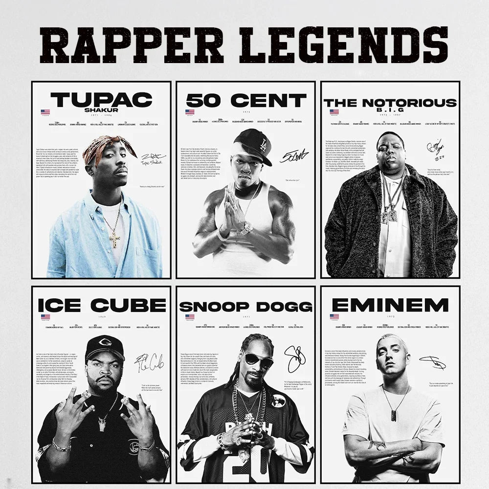 Pop rapper legends poster featuring black and white portraits of tupac biggie smalls snoop dogg 50 cent and eminem in grid layout