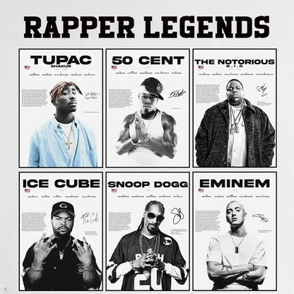 Pop rapper legends poster featuring black and white portraits of tupac biggie smalls snoop dogg 50 cent and eminem in grid layout