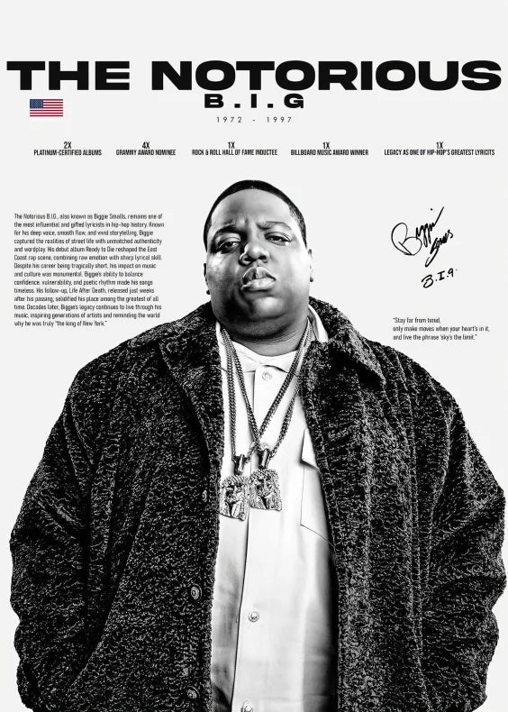 Black-and-white portrait of the notorious big in a pop rapper legends canvas painting featuring tupac and snoop dogg