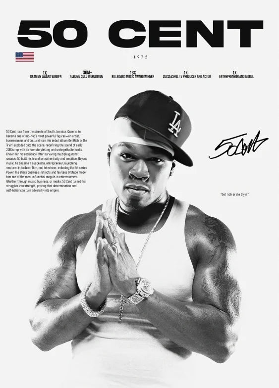 Black and white la cap with curved brim and bold la logo featured in pop rapper legends poster and prints wall art