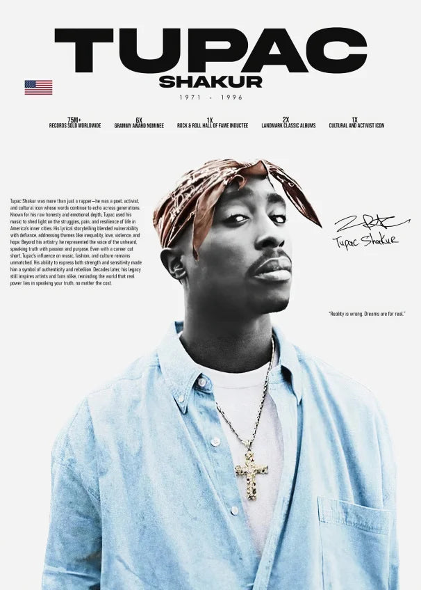 Gold cross necklace with chain worn by Tupac Shakur featured in pop rapper legends poster and prints canvas painting