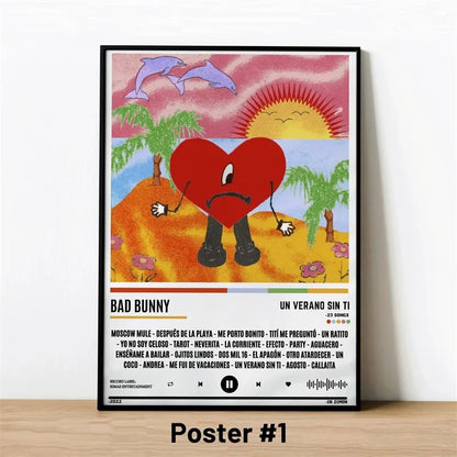 A framed poster of a cartoon red heart on an orange beach with palm trees and dolphins for hip hop room decor