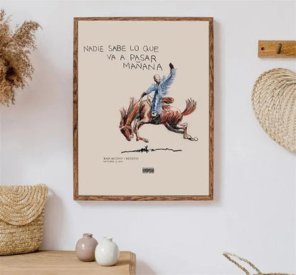 A framed pop rapper music album cover print with beige background featuring blue and brown rider on rearing horse illustration