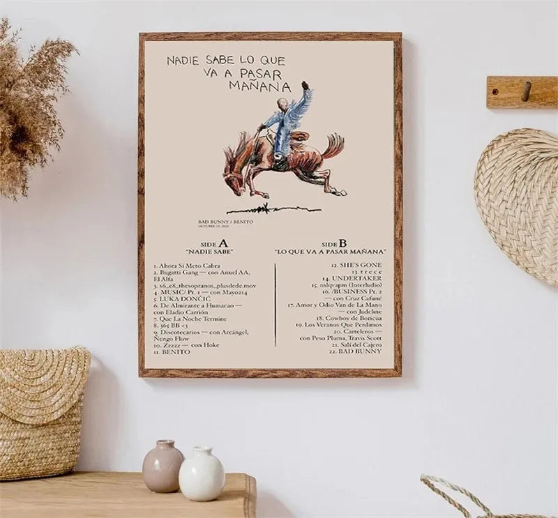 A framed beige poster featuring a rider on a bucking horse and bad bunny song lyrics for wall art decor