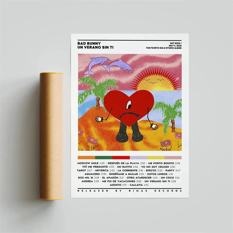 Pop rapper music album cover featuring a vibrant red heart with a cartoon face on an orange beach under pink sky