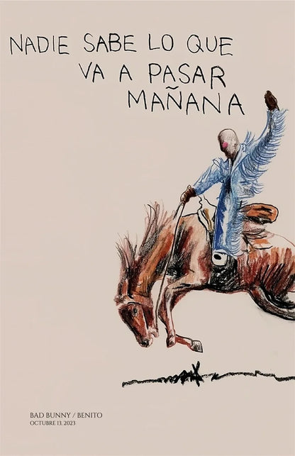 Pop rapper music album cover featuring a stylized rider in blue on a brown horse with spanish text for wall decor