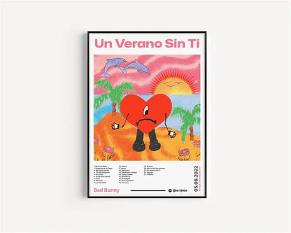 A framed pop rapper music album cover featuring a red heart character on an orange beach with pink sunset and palm trees