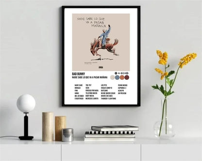 Black-framed poster featuring a stylized rider on horse illustration with color swatches below for hip hop room decor