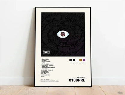 Black-framed poster featuring a stylized eye design in white and red accents for bad bunny album x100pre wall art