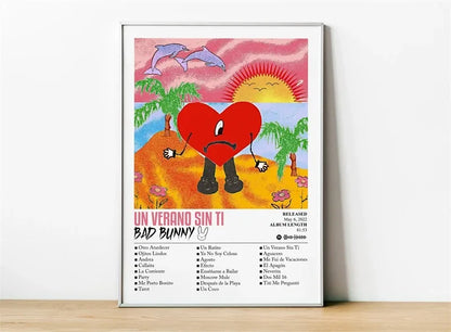 A framed pop rapper music album cover poster of bad bunny’s un verano sin ti with colorful heart and beach design