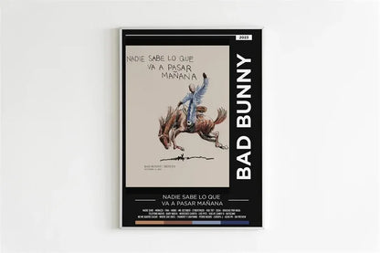 Black-framed pop rapper music album cover featuring beige rider illustration and white bad bunny text for room decor