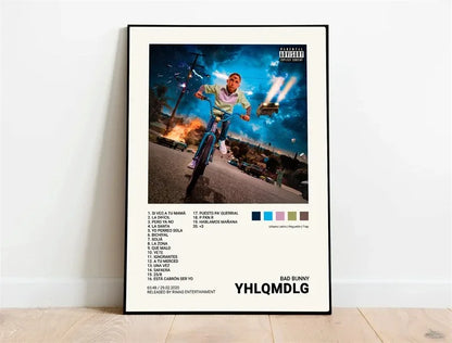 Black-framed poster featuring bad bunny yhlqmdlg album cover with vibrant colors and bold typography for wall decor