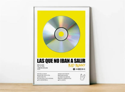 Framed poster featuring a silver cd graphic on yellow background with bold black text and bad bunny stylized font for wall decor