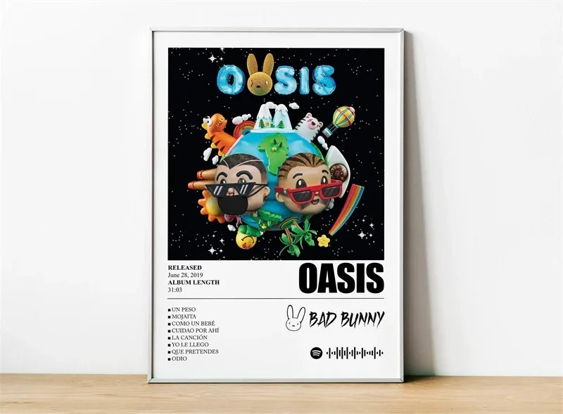 A framed pop rapper music album cover poster featuring bad bunny with cartoon characters and a starry background