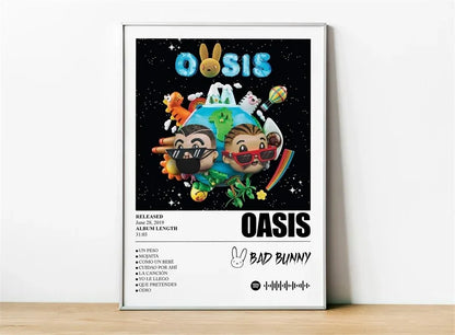 A framed pop rapper music album cover poster featuring bad bunny with cartoon characters and a starry background