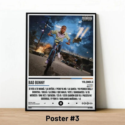 Black-framed pop rapper music album cover poster of bad bunny on blue bicycle with fiery urban backdrop and tracklist print