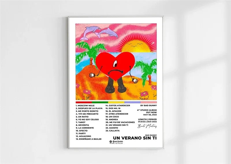 Pop rapper music album cover featuring a vibrant red heart character on a tropical beach under a pink sunset sky
