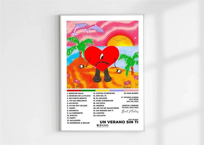 Pop rapper music album cover featuring a vibrant red heart character on a tropical beach under a pink sunset sky