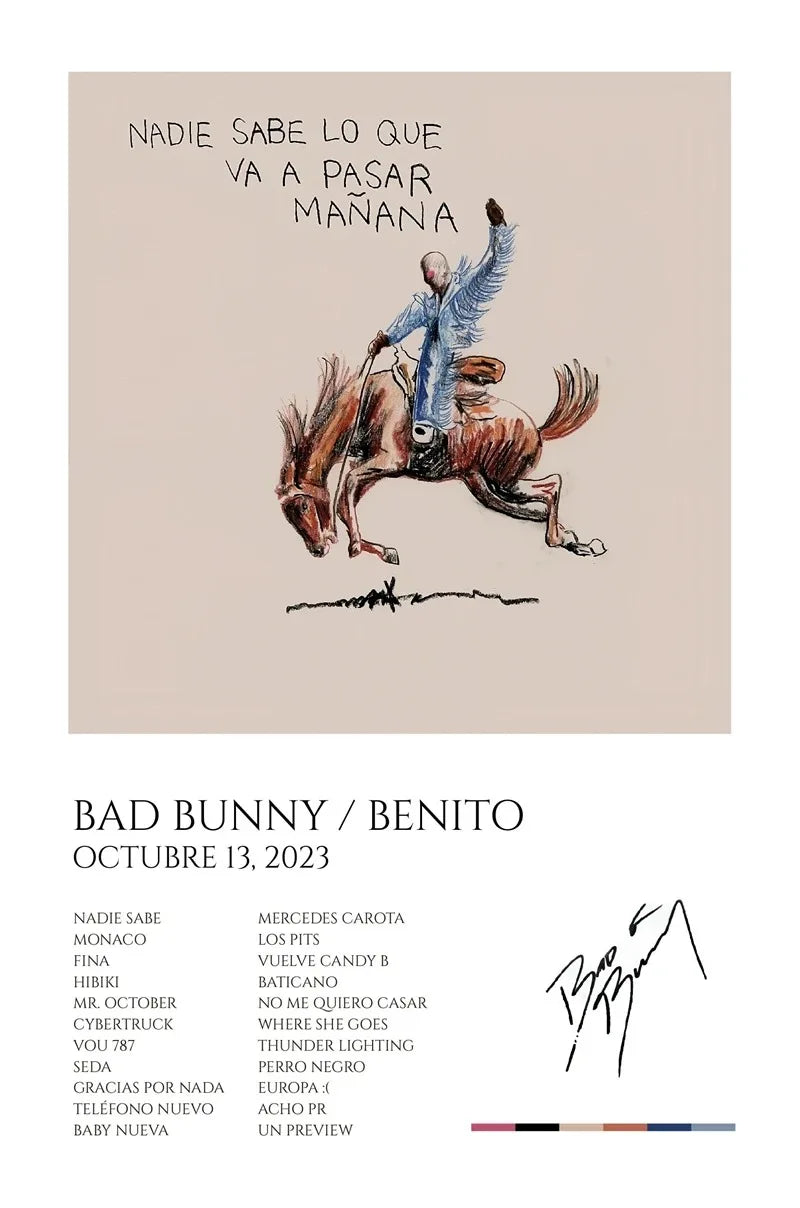 Pop rapper music album cover featuring hand-drawn rider on rearing horse with bad bunny concert details poster