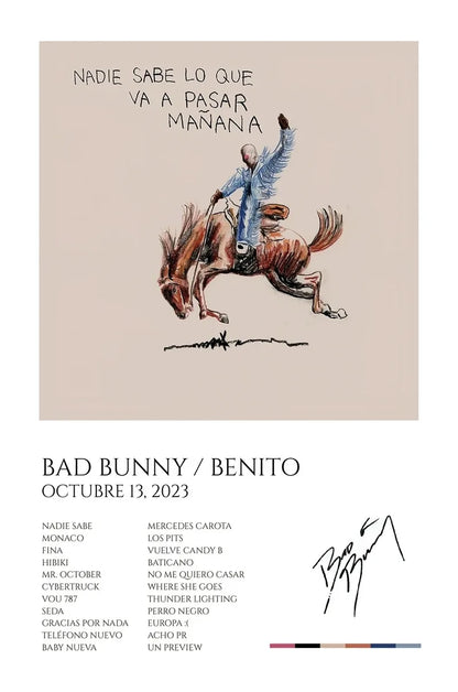Pop rapper music album cover featuring hand-drawn rider on rearing horse with bad bunny concert details poster