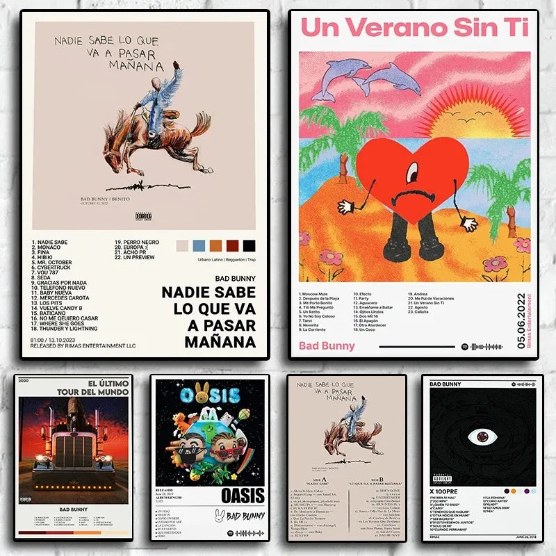 Set of five framed bad bunny album posters with vibrant artwork including a cowboy on horseback and a heart with legs