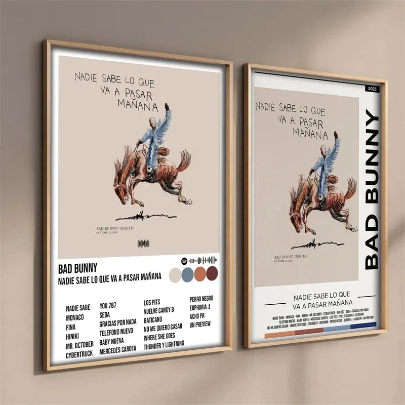Two framed posters displaying bad bunny’s nadie sabe lo que va a pasar mañana album cover print for room decor