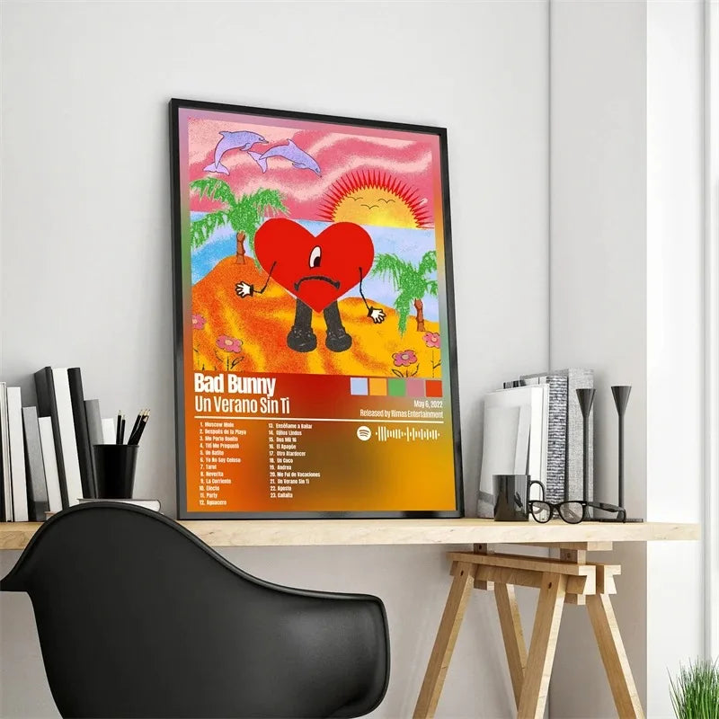 A vibrant framed pop rapper music album cover poster featuring a red heart character on a tropical beach sunset