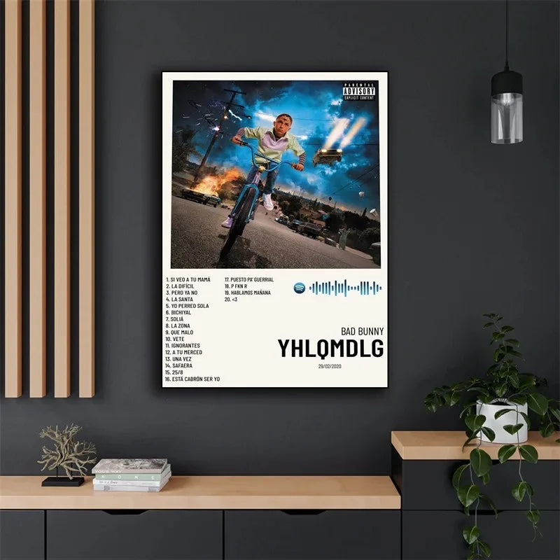 White framed poster of bad bunny’s yhlqmdlg album cover featuring him riding a bicycle with track list and spotify logo