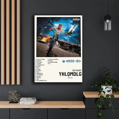 White framed poster of bad bunny’s yhlqmdlg album cover featuring him riding a bicycle with track list and spotify logo