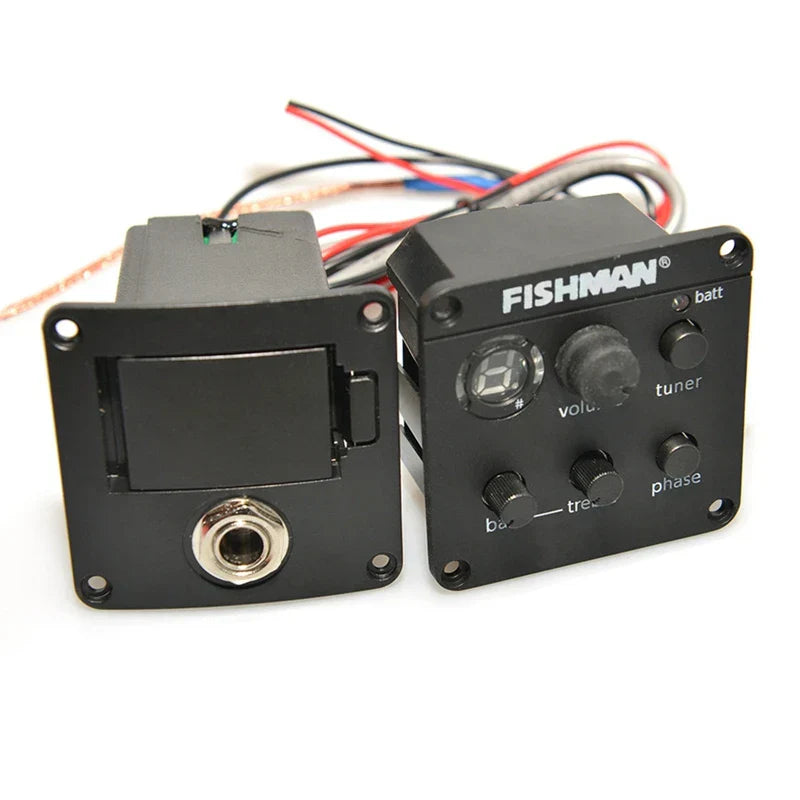 Black fishman guitars guitar pickup control panel with digital display volume tone knobs and silver input jack