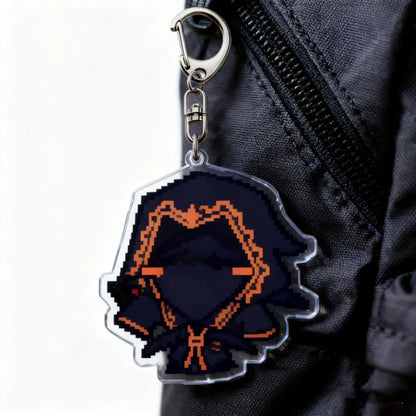 Pixel-art acrylic game cartoon chibi keychain accessories bag charm featuring dark figure with orange-trimmed hood and eyes attached to silver carabiner