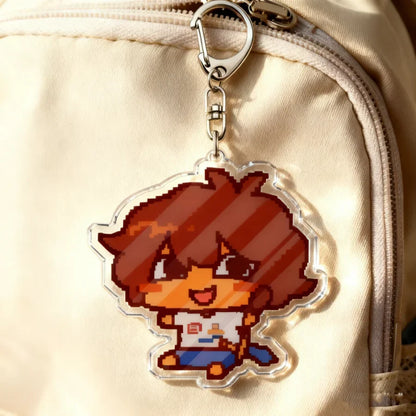 Clear acrylic cartoon chibi keychain with pixel-art brown hair character, ideal as keychain accessories bag charm