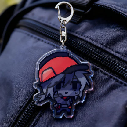Clear acrylic cartoon chibi keychain featuring a pixel-art gray hair character with red hat on silver carabiner accessory