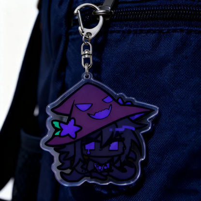 Purple witch-themed acrylic cartoon chibi keychain with smiling face and silver clip for keychain accessories bag charms