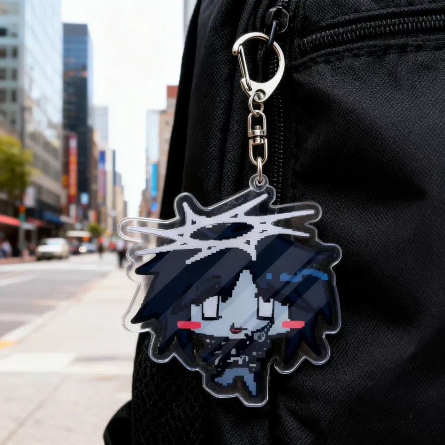 Clear acrylic cartoon chibi keychain with pixel-art spiky black hair character for keychain accessories bag use