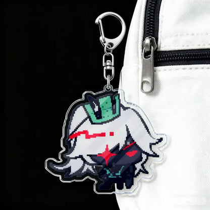 A pixel-art acrylic cartoon chibi keychain with white hair red eyes and green crown perfect for keychain accessories bag charms