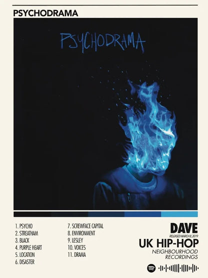Blue flame design psychodrama album cover prints canvas printing for bedroom home decor by hip hop singer Dave