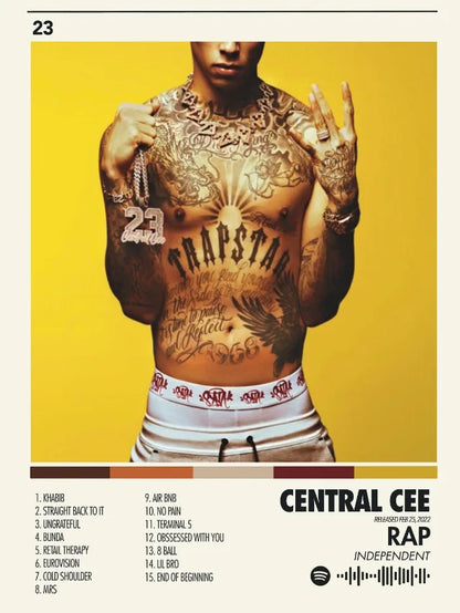 Central cee hip hop singer prints canvas printing with bold tattooed man on vibrant yellow background for bedroom home decor