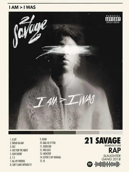 Black and white prints canvas printing of 21 savage hip hop singer album cover for bedroom home decor fans gifts
