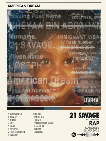 American dream album cover by 21 savage hip hop singer textured portrait prints canvas printing for bedroom home decor