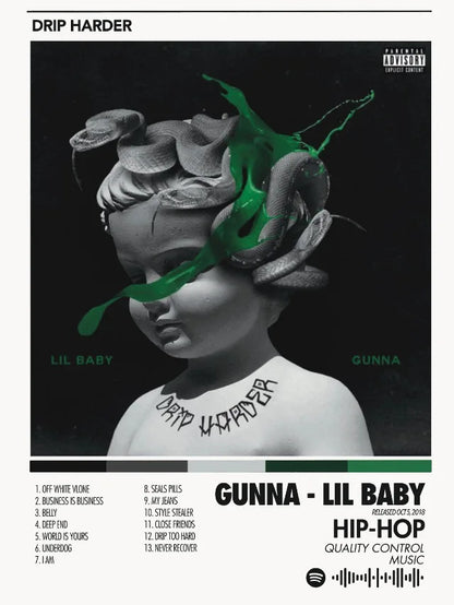 Black and white statue of child with snakes and green liquid on head printed on canvas for hip hop singer bedroom home decor