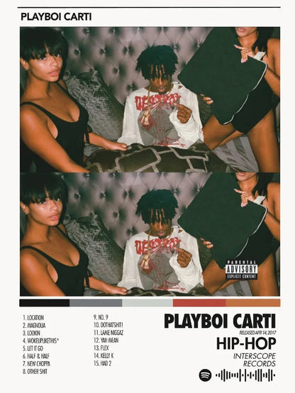 Playboi carti album cover print on canvas featuring gray couch and hip hop singer for bedroom home decor fans gifts