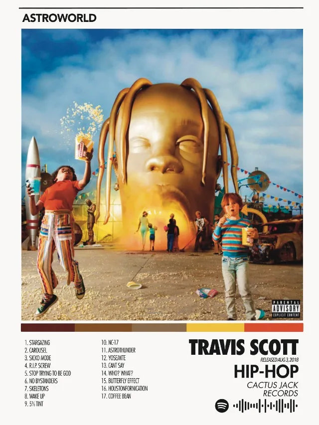Golden oversized face sculpture with dreadlocks on travis scott astroworld hip hop singer prints canvas printing for bedroom home decor
