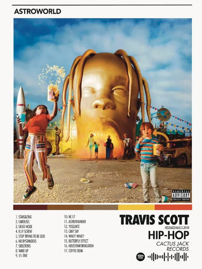 Golden oversized face sculpture with dreadlocks on travis scott astroworld hip hop singer prints canvas printing for bedroom home decor