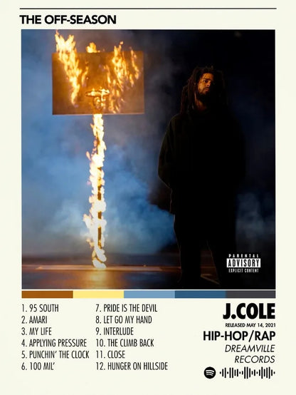 The off-season album cover print features a dark moody portrait of hip hop singer j for bedroom home decor canvas printing